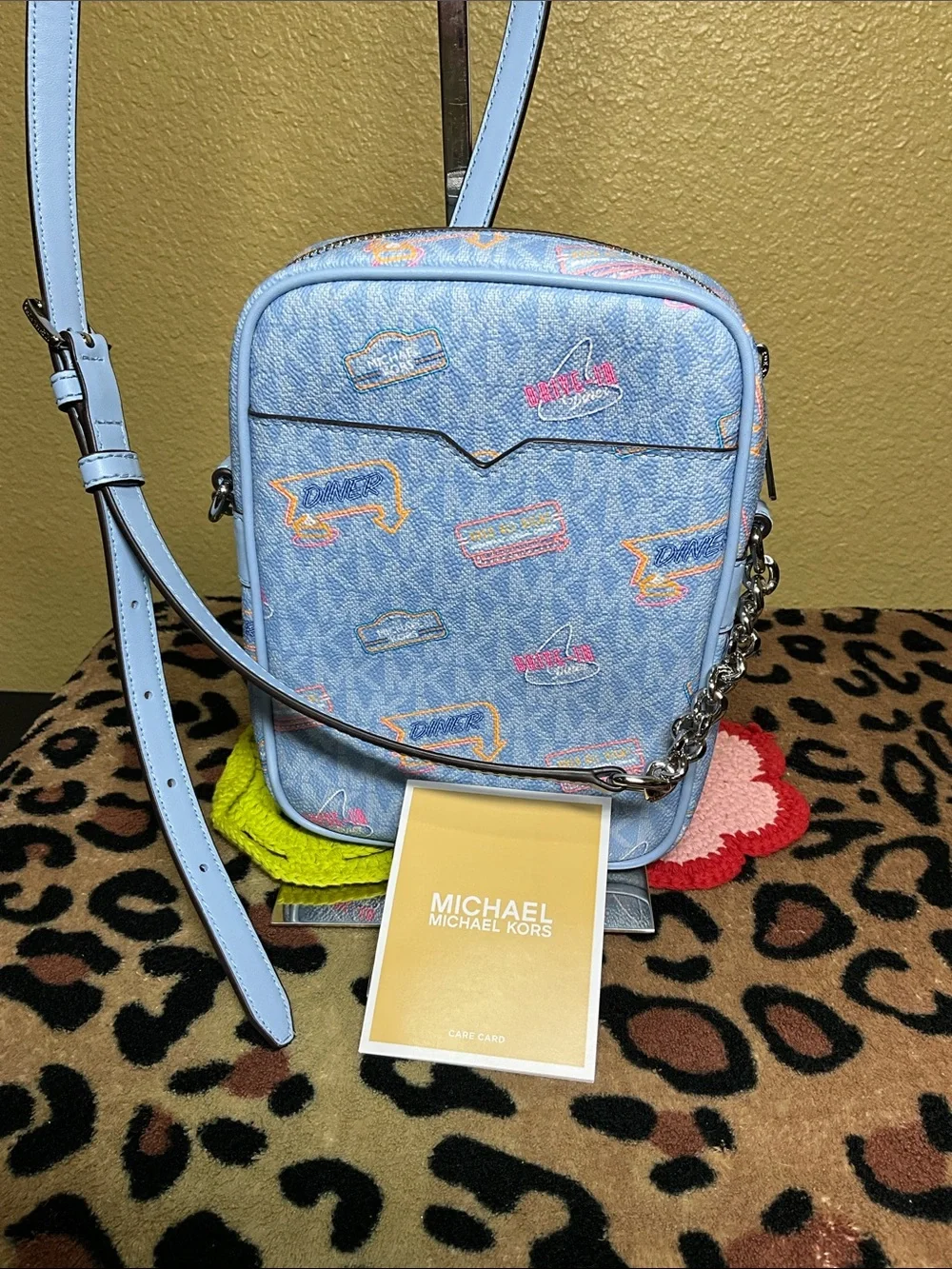 NWOT Michael Kors Baby Blue Crossbody with Multicolor Logo Accents